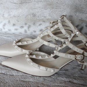 Valentino Strappy Ivory Leather Rock-Studded Low Heels